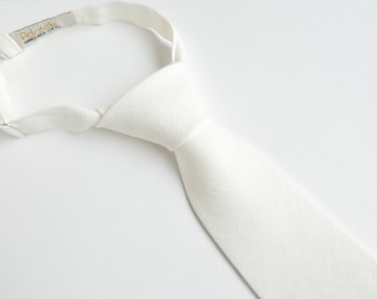 White Linen Boy's Neck Tie Pocket Square - First Communion Necktie - Baptism boy tie - Wedding Ring Bearer Necktie