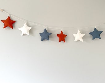 Stars Garland, Orange Blue White Linen Fabric Ornaments, Nursery Kids Room Wall Decor - 1st Birthday Baby Photoshoot Backdrop