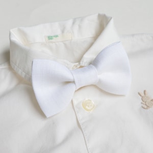 May include: A white bow tie on a white button-down shirt with a small embroidered bunny on the right side.