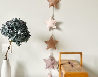 Pastel Linen Fabric Stars Garland - Gender Neutral Beige Colors Nursery Decor - Sustainable Party, Home decoration, Baby Photoshoot Backdrop