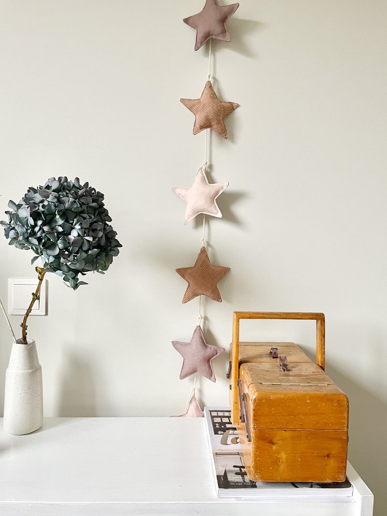 Linen Fabric Stars Garland Neutral Beige Colors Nursery Decor Newborn Baby Gift Sustainable Party decoration, Kids Photoshoot Backdrop image 3