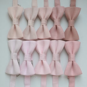 May include: A collection of ten bow ties in various shades of pink, from light blush to deeper rose. Each bow tie is neatly arranged, showcasing the different hues and textures of the fabric. The ties are designed for formal wear.