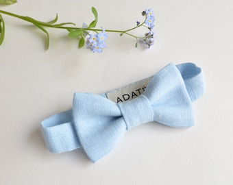 Azure, Pastel Blue Linen Baby Boy's Bow Tie - Girl hair bow - Matching siblings - Ring Bearer, Christening, 1st Birthday bow tie