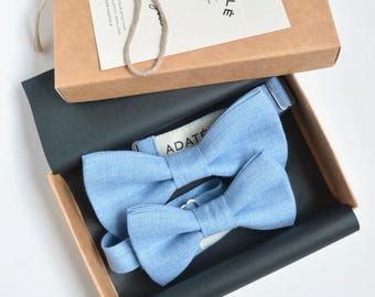 Gift for Father and Son, Daughter - Sky Blue Linen Matching Bow Ties Dad Son family photo, Christening, Wedding