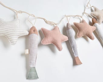 Beige Brown Gender Neutral Colors Fabric Fish and Stars Garland, Baby Shower Gift - Coastal Nursery Banner Wall Hanging