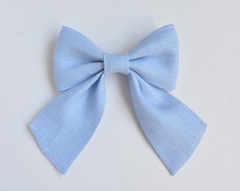 Pastel Blue Hair Bow Barrette for Women - Linen Girls Oversized Sailor Hair clip, Mother Daughter Set