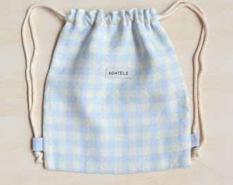 Toddler Checkered Blue Yellow Linen Drawstring Backpack - Preschool Girls Bag