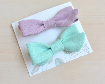 Hair Bow Mint, Lavender Linen, set of 2 for Wedding Flower Girl - Alligator Clip Hair Pin
