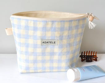 Pastel Blue Yellow Gingham Linen Organizer Pouch - Travel Organizer Bag - Toiletry Zip Case