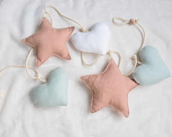 Gender Neutral Colors Linen Hearts & Stars Garland - Pastel Green Beige White Nursery Decor - Unisex Baby Shower gift - Photoshoot backdrop