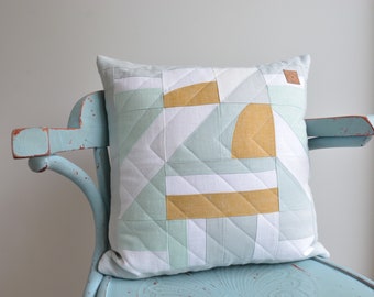 Nursery Pastel White Mint Mustard Quilted Linen Throw Pillow Cover 16 x 16 - Minimalist, Boho Room Decor - Unisex Baby Nursing New Mom Gift