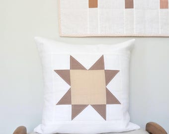 Neutral Nursery White Brown Quilted Star Patchwork Linen Decorative Pillow Cover 17" x 17" -  Baby, New Mom Gift