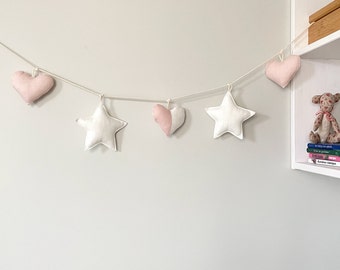 Linen Fabric Hearts and Stars Garland - Pastel Blush White Colors Nursery Decor - Baby Girl welcoming gift - Baby Photo shoot backdrop