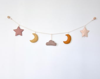 Linen Fabric Star Moon Cloud Garland - Gender Neutral Beige Colors Nursery, Kids Room Decor Newborn Baby Gift