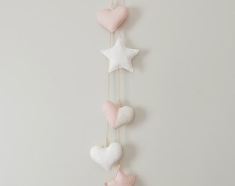 Linen Fabric Heart and Star Garland - Pastel Blush White Colors Nursery Decor - Baby Girl welcoming gift