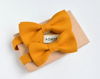 Mustard Yellow Linen Bow Tie for Baby Boys - Matching Father Son Bow ties, Daughter Hair bow - Honeycomb, gold flake bow tie