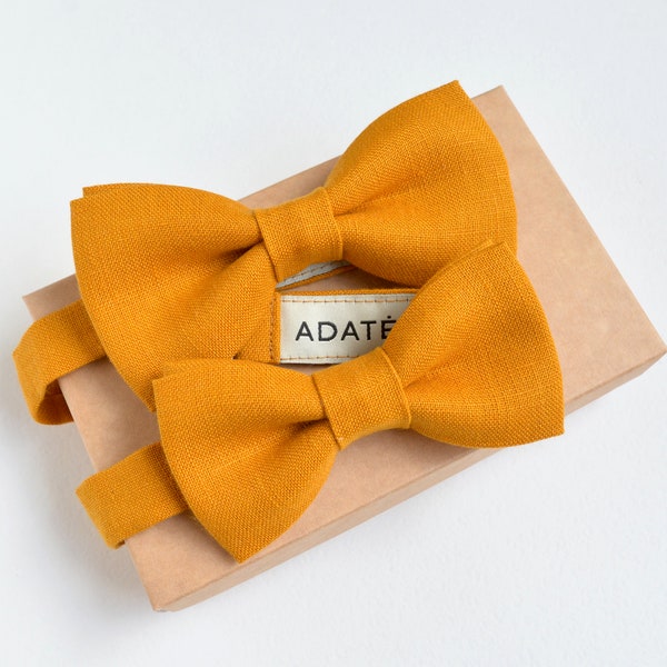 Mustard Yellow Linen Bow Tie for Baby Boys - Matching Father Son Bow ties, Daughter Hair bow - Honeycomb, gold flake bow tie