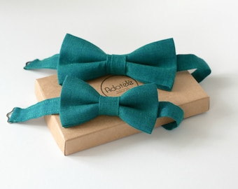 Gift for Father and Son Matching Linen Bow Ties Emerald Green, Teal - Dad and Son ties for Family Photo, Christening, Wedding