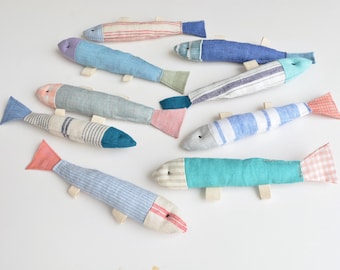 Linen Fabric Fish Toys – Set of 6 Waldorf Inspired Soft Plush, Eco-Friendly Toddler Gift, Pretend Play Stocking Stuffer