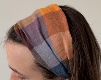 Lightweight Tartan Linen Headband - Summer Head Cover - Expandable Hair bandana for women - Workout, Yoga, Gardening, Beach bandana