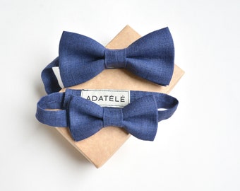 Father Son Matching Bow ties - Textured Dark Blue Linen Dad Baby Boy Bow ties for family photo - New dad gift - Matching Dad Daughter Set