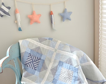Hand Quilted Maritime Grey Blue Linen Baby Patchwork Blanket - Minimalist Crib Blanket - Keepsake quilt - Grandparents gift for boy