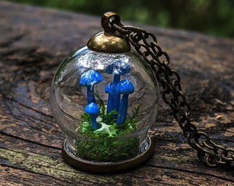 Sky Blue Mushroom Terrarium Necklace