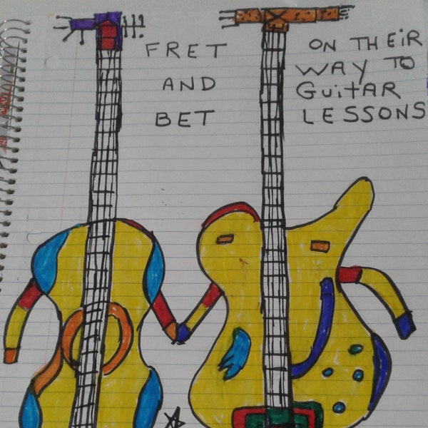 Fret and Bet On Their  Way To Guitar Lessons - A Digital Pencil Sketch - see item details