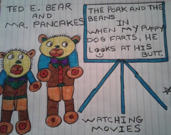 Ted E. Bear And Mr. Pancakes Watching Movies - A Digital Pencil Sketch - See Item Details