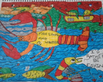 I'd Rather Be Fishing - Fisch lang und Hummer - Eine digitale Bleistiftskizze - siehe Artikeldetails