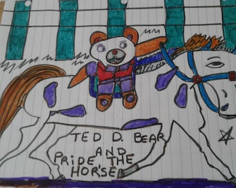 Ted D. Bear Riding Pride, The Horse - A Digital Pencil Sketch - see item details