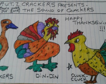 PUTZ Crackers presenteert het geluid van kwakzalvers Happy Thanksgiving Day Digitaal bestand - Kwakzalvers, Din-Din Cluck-Cluck - Een digitale potloodschets