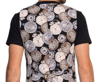 Beige vest with vintage clock print satin back, Men's Argentine Tango dance vest, Men's Latin show waistcoat, Men's Salsa competition gilet