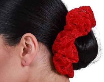 Red flower shaped lace scrunchie, Romantic Valentine's day scrunchie, Argentine Tango dance scrunchie, Oversized ponytail hair accessory