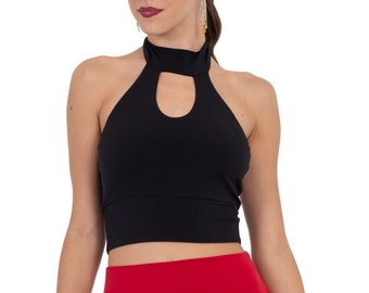 Tango dance turtleneck crop top with keyhole and open back and tie