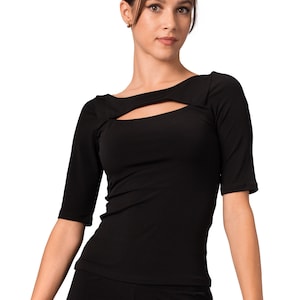 Bodycon front cutout top, Argentine Tango top, Elbow sleeve fitted blouse, Latin practice top, Casual feminine blouse, Everyday office top