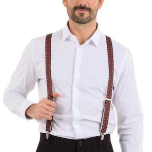 Burgundy suspenders for men, Men&#39;s Tango dance accessories, Oriental print adjustable suspenders, Clip on elastic braces, Men&#39;s pant holders