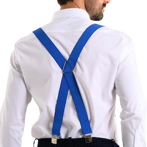 Vibrant blue dotted men&#39;s suspenders, Men&#39;s Tango dance accessories, Adjustable braces with polka dot print, Spot patterned clip on braces