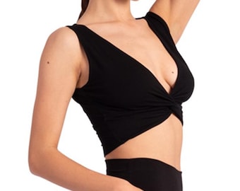 Top corto para bailar tango, Top corto con nudo delantero retorcido, Top corto para baile social, Top corto informal de viscosa, Top corto ajustado para uso diario, Top de milonga