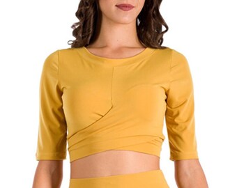 Waist tie crop top, Mustard yellow jersey crop top, Tango practice crop top, Milonga dance crop top, Feminine bodycon cropped blouse