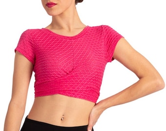 Tango dance crop top, Summer waist tie crop top, Textured fuchsia crop top, Salsa practice top, Social dancing crop top, Bodycon crop top