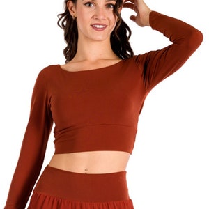 Twisted front knot crop top, Argentine Tango crop top, Brick red long sleeve crop top, Milonga practice crop top, Social dancing crop top