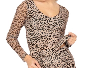 Leopard print Tango dance top with mesh sleeves