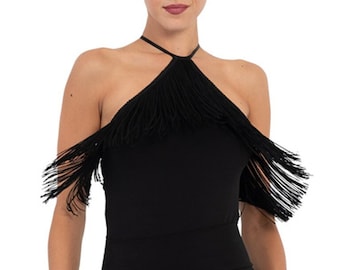 Black triangle halter top, Fitted top with fringe layer, Ballroom dance top, Argentine Tango top, Black fringed panel top, Rumba dance top