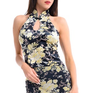 Asian floral print Tango dance top with mandarin tie and front keyhole