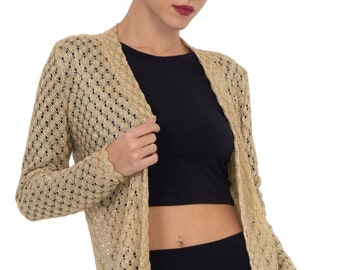 Chaqueta corta de punto dorado, Cárdigan de manga larga ajustado, Chaqueta de rendimiento de tango argentino, Chaqueta de punto casual con agujeros