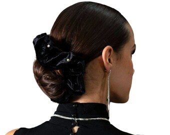 Red velvet scrunchie with rhinestones, Bejeweled decorated scrunchie, Black velvet shiny scrunchie, Elegant elastic hair accessories