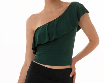 Argentine Tango dance crop top, One ruffle shoulder crop top, Latin dance crop top, Salsa practice crop top, Bachata show crop top