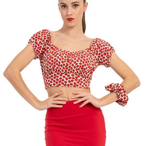 Tango dance crop top, Strawberry printed crop top, Mexican style crop top, Red bubble fit crop top, Puff sleeve crop top, Latin show top