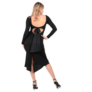 Shimmering Tango performance dress with back bow tie and tail